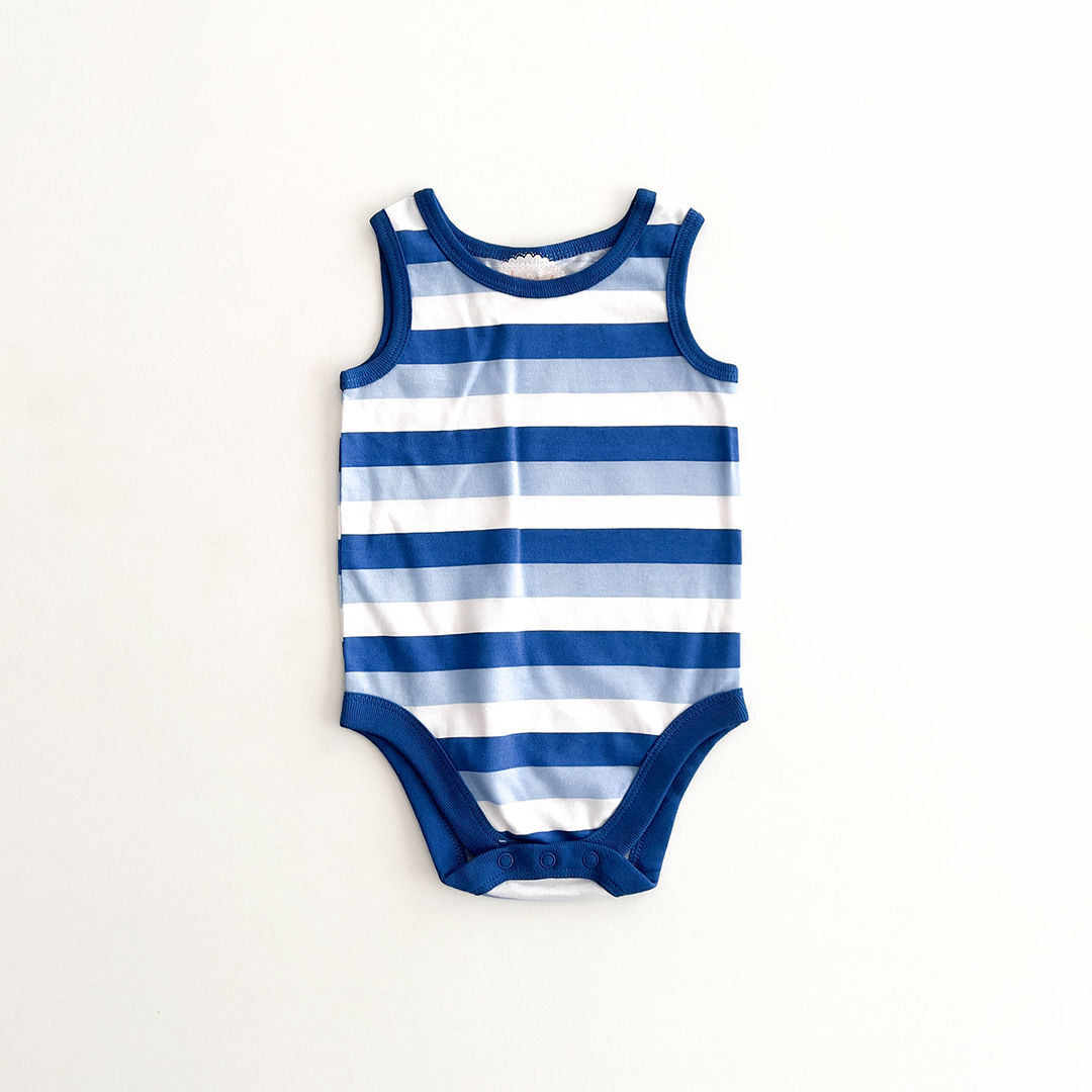 BLUE AND WHITE LINED SLEEVELESS ONESIE