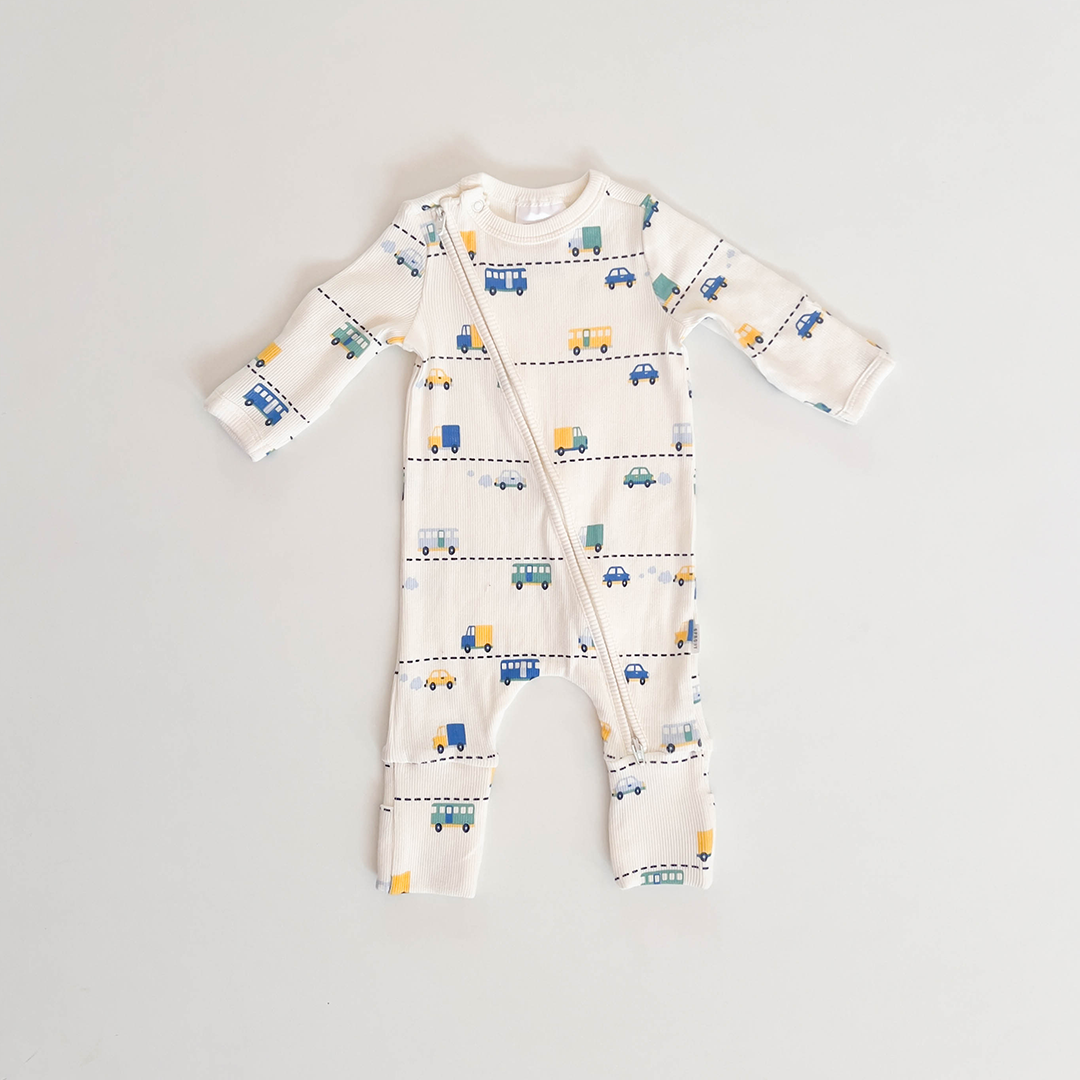 WHITE CAR PRINTED RIBBED ROMPER