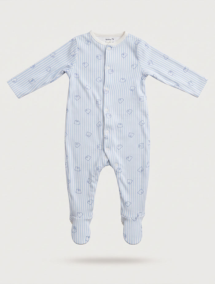 Blue stripes bear button sleepsuit