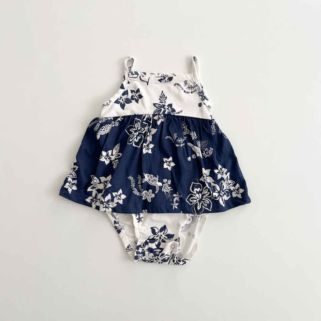 BLUE AND WHITE FLORAL PRINT SUNSUIT