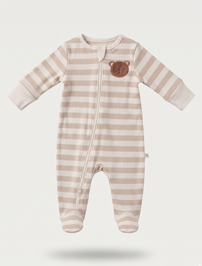 Beige stripes ribbed bear sleep suit