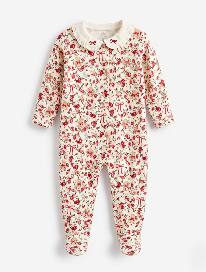 Red bow & bear printed sleep suit