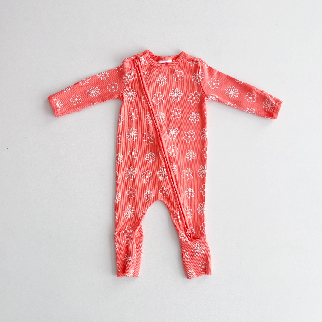 PEACH ORANGE FLORAL RIBBED ROMPER