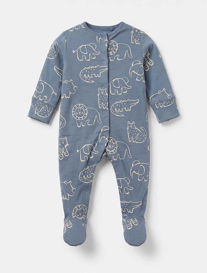 Blue animal printed button sleep suit