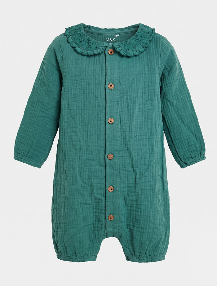Bottle green muslin girls fancy jumpsuit