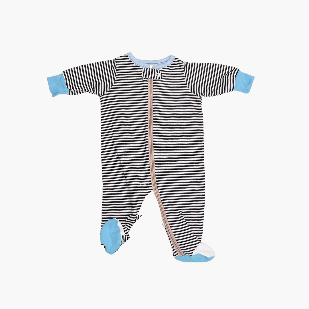 BLACK AND WHITE STRIPED SLEEPSUIT