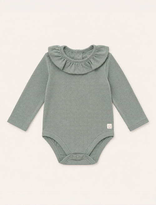 Sage green pointelle ruffle onesie