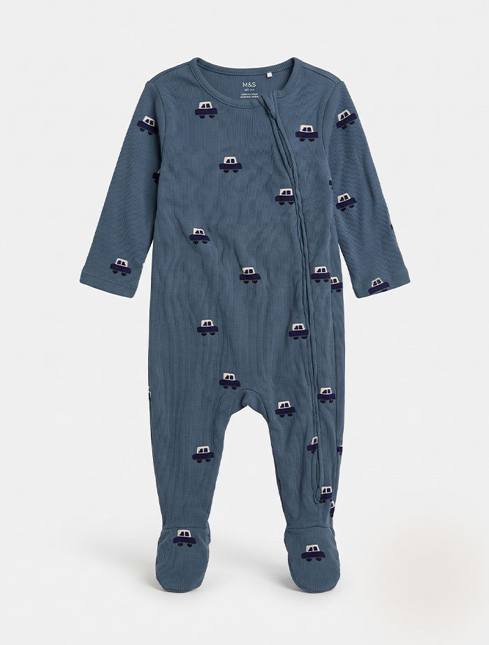Blue knitted car 2 way zipper sleepsuit