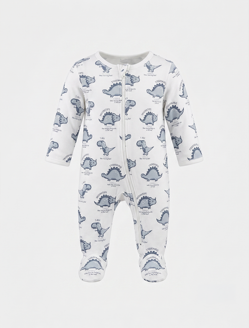 White dino printed zipper sleepsuit