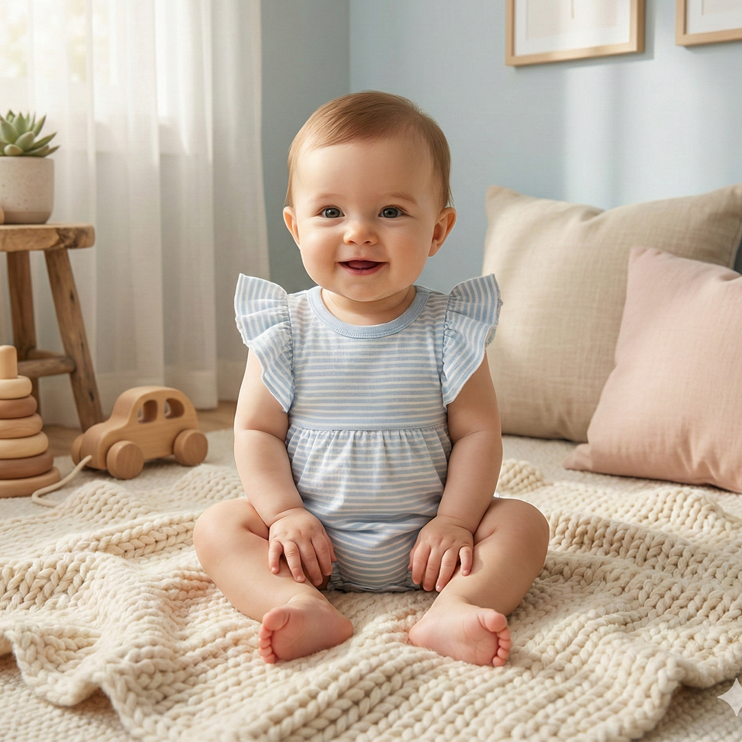 BLUE STRIPED RUFFLED FANCY ONESIE