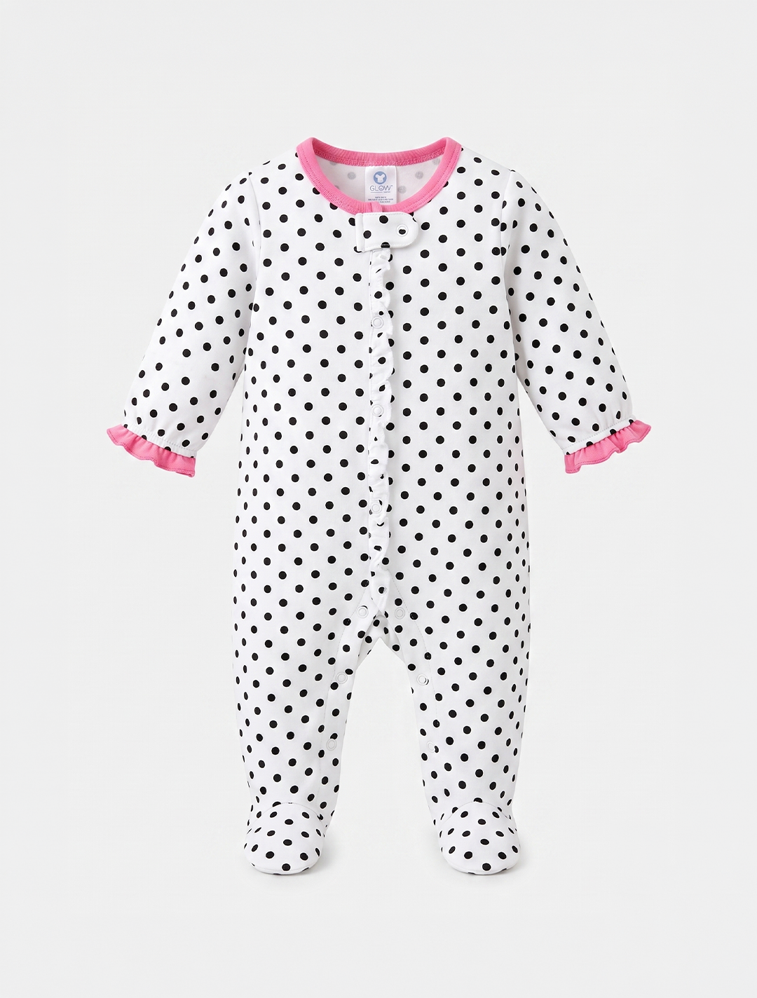 WHITE POLKA DOTTED RUFFLED SLEEPSUIT