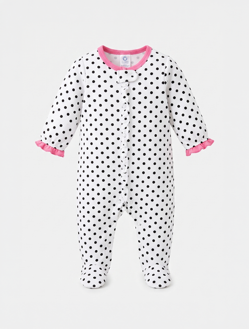 WHITE POLKA DOTTED RUFFLED SLEEPSUIT