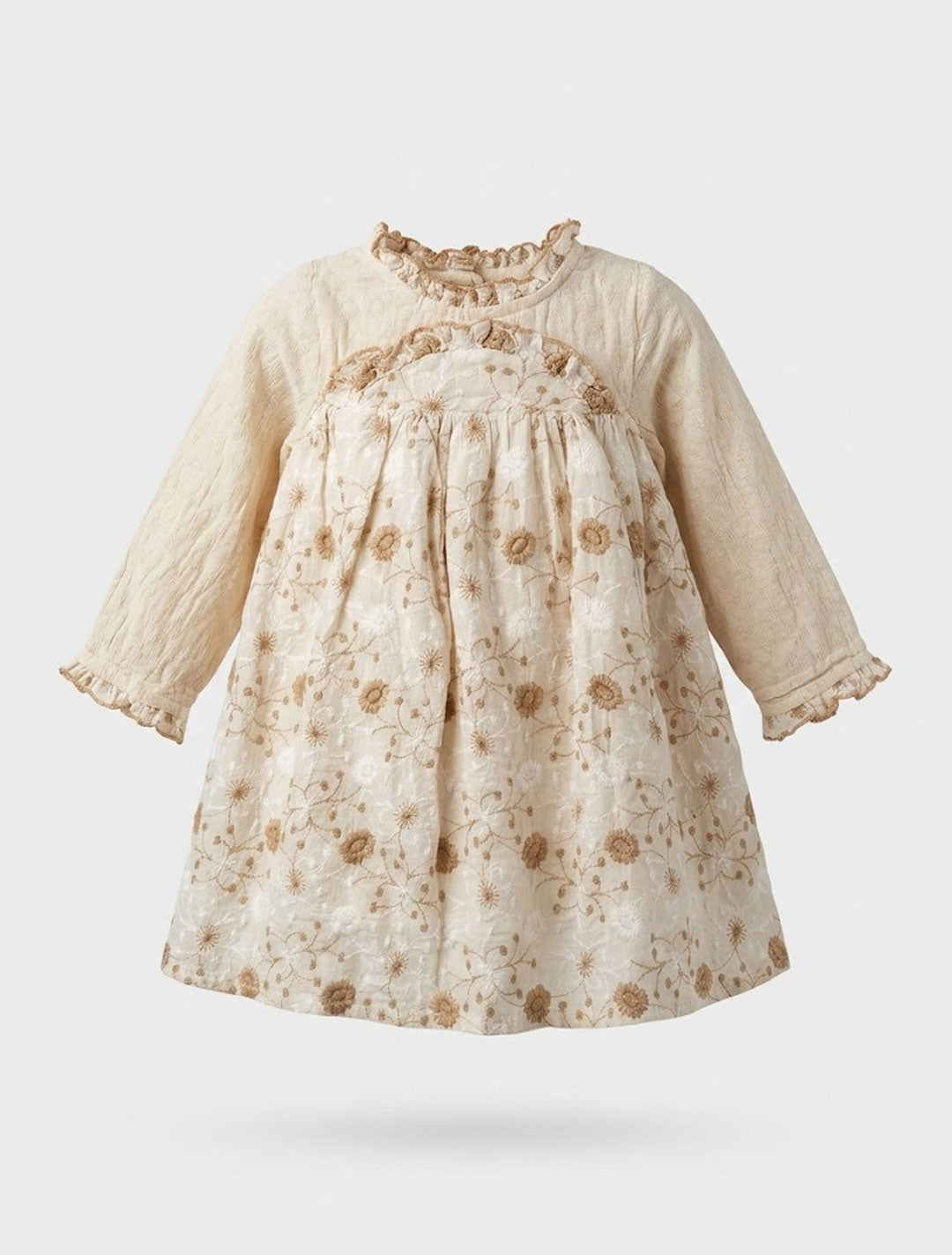 Girls beige floral print long sleeve dress