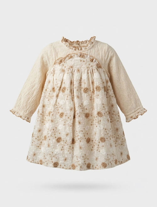 Girls beige floral print long sleeve dress