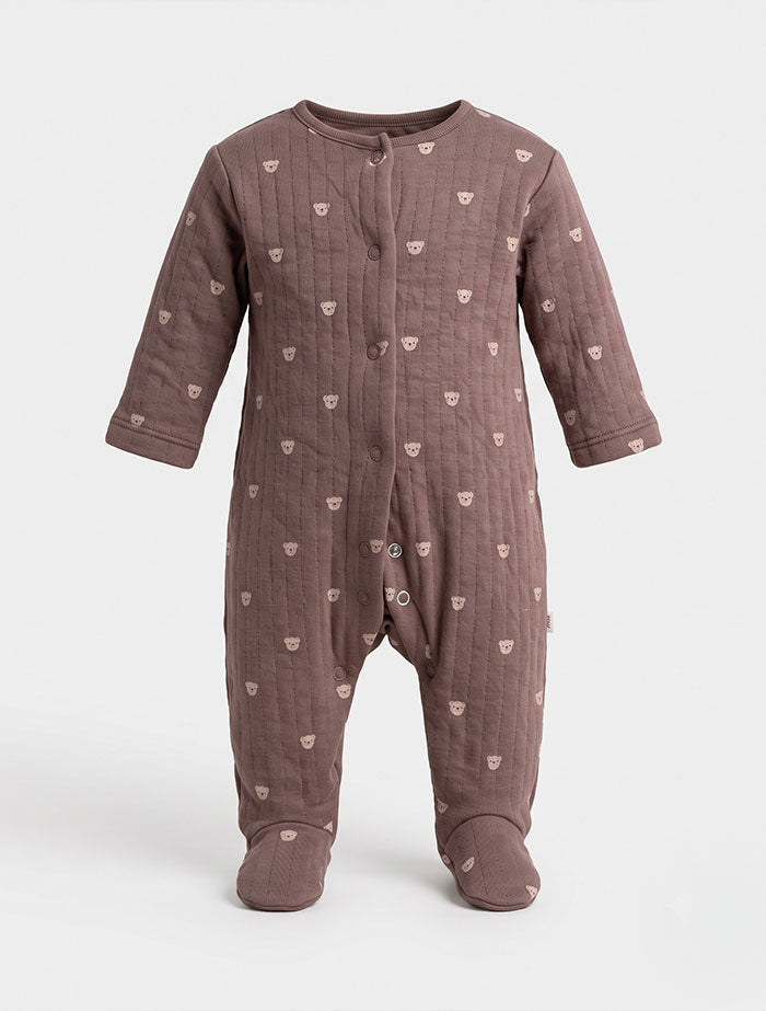 Brown bear printed quilted sleepsuit
