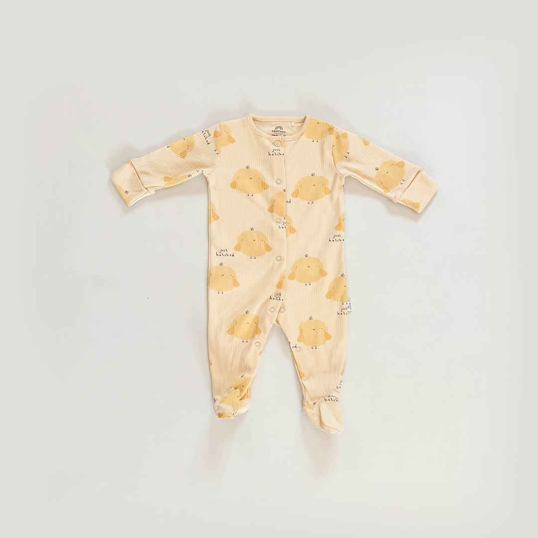 YELLOW CHICK PRINT RIBBED SLEEPSUIT