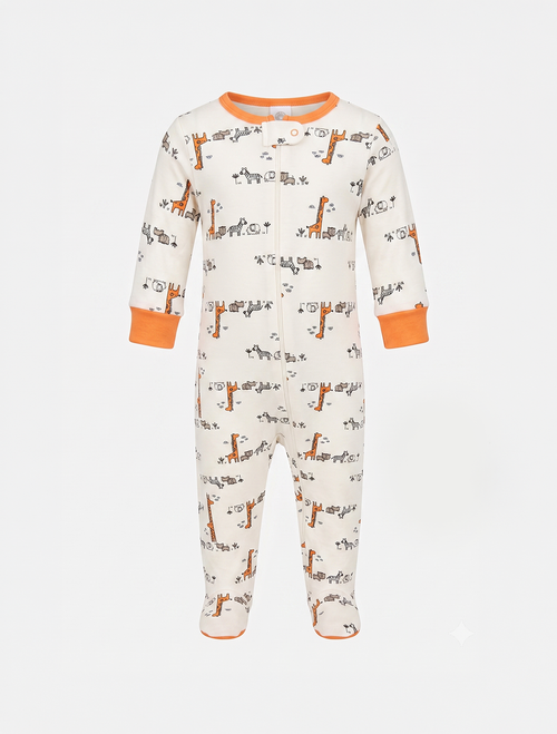ORANGE GIRAFFE PRINTED ZIPPER SLEEPSUIT