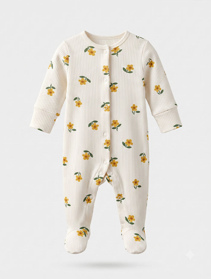 Yellow floral ribbed button sleepsuit