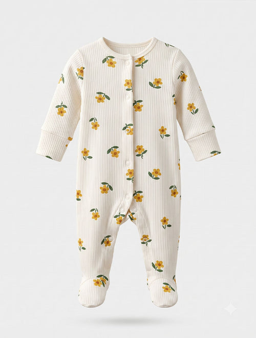 Yellow floral ribbed button sleepsuit