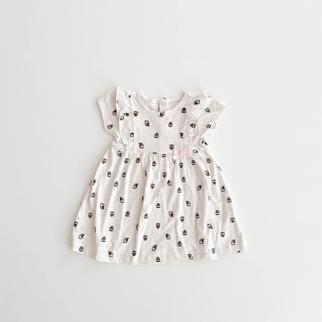 OWL PRINTED RUFFLED FROCK