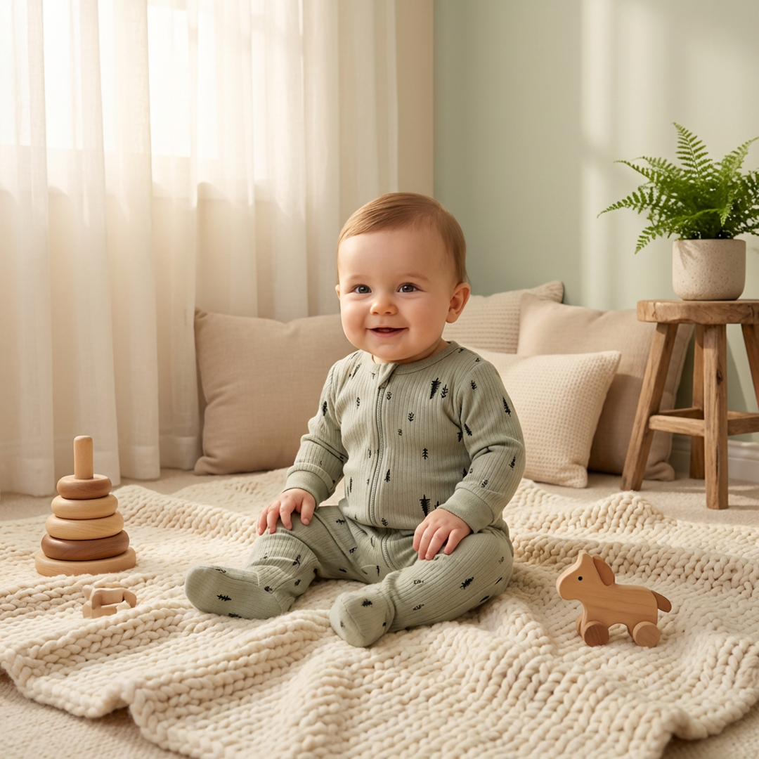GREEN RIBBED UNISEX ZIPPER SLEEPSUIT