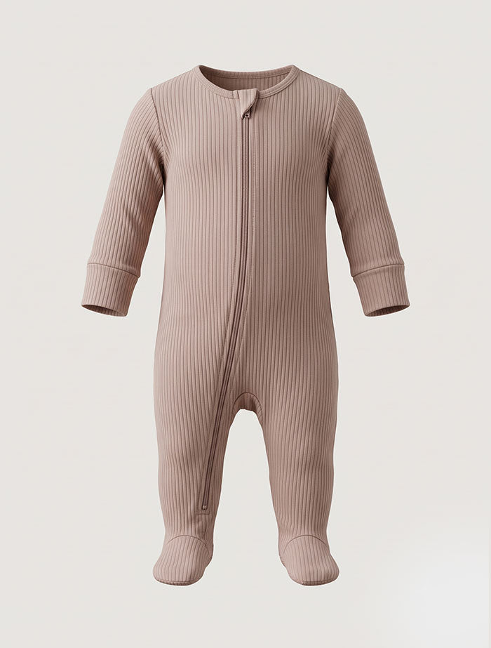 Beige zipper 2 way ribbed sleepsuit