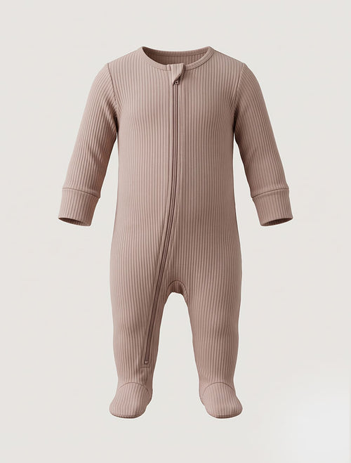 Beige zipper 2 way ribbed sleepsuit