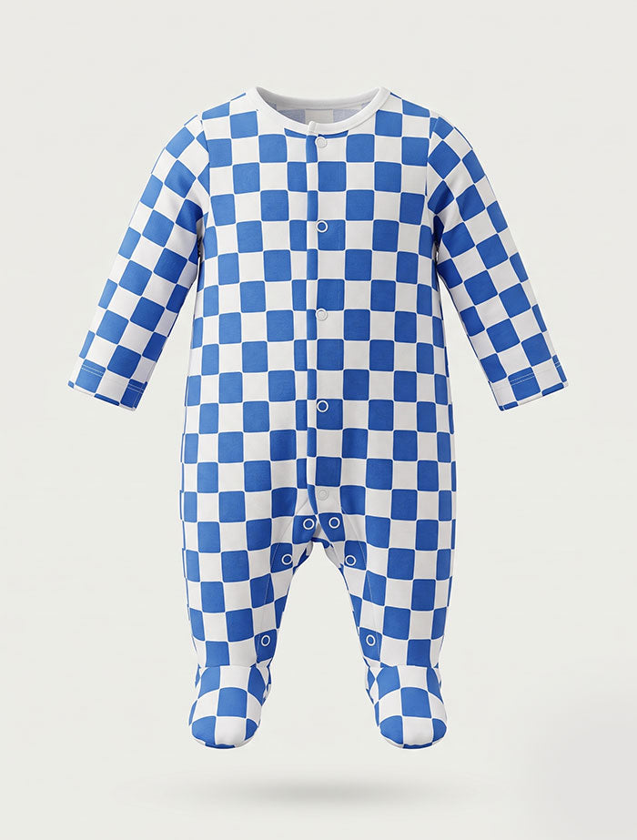 Royal blue white check button sleepsuit