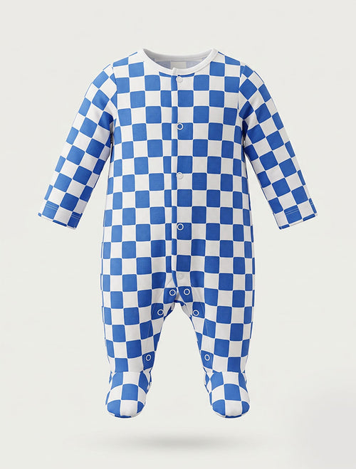 Royal blue white check button sleepsuit