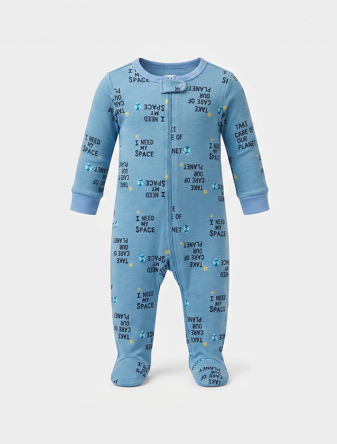 Blue printed zippepr sleepsuit