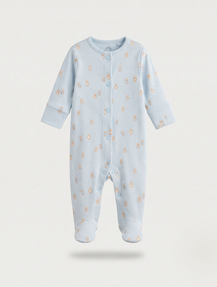 Blue bear printed button sleep suit