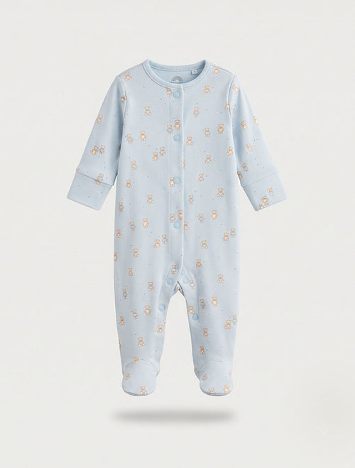 Blue bear printed button sleep suit
