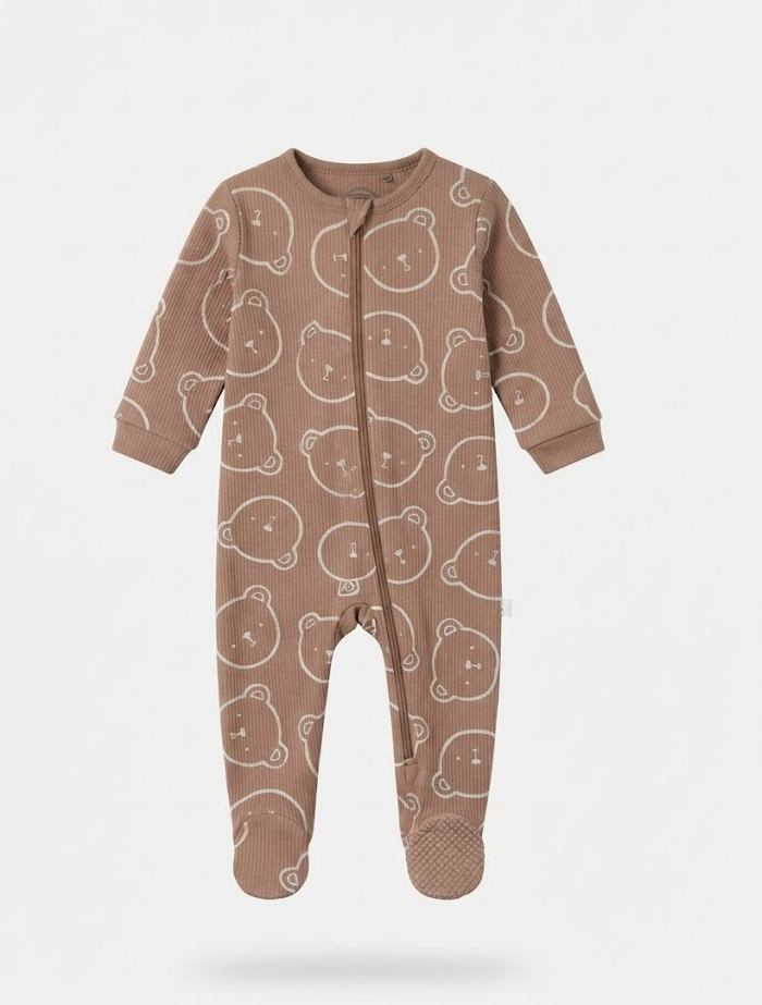 Brown ribbed bear sleep suit