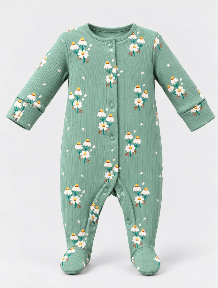 Green ribbed floral sleep suit