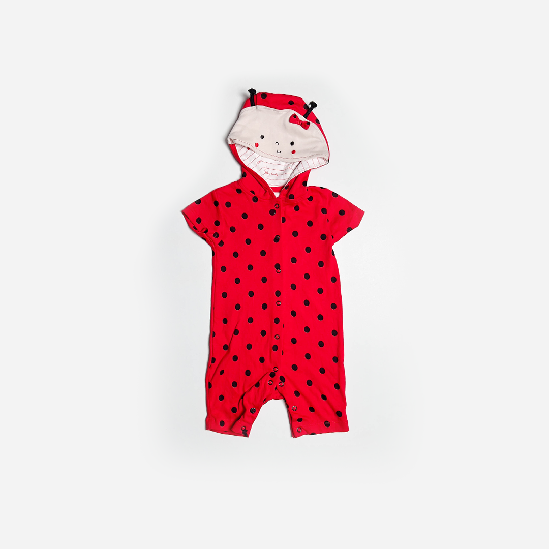 RED POLKA DOTTED HOODED JUMPSUIT