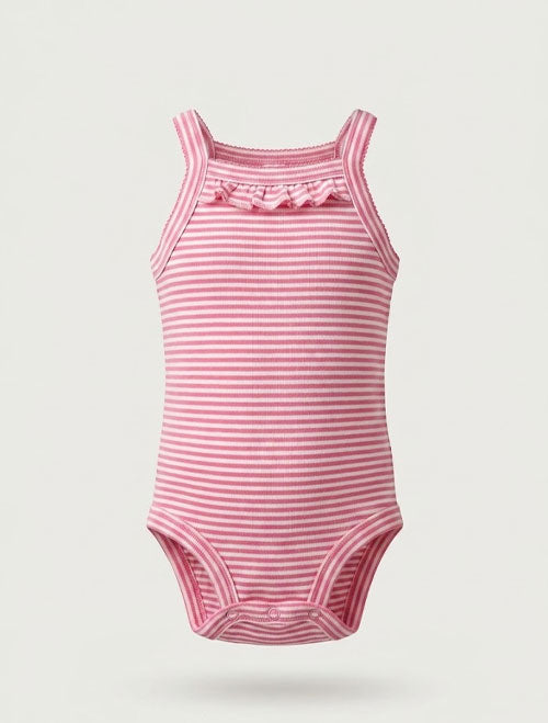Ruffle-Neck Striped Cami Onesie Pink