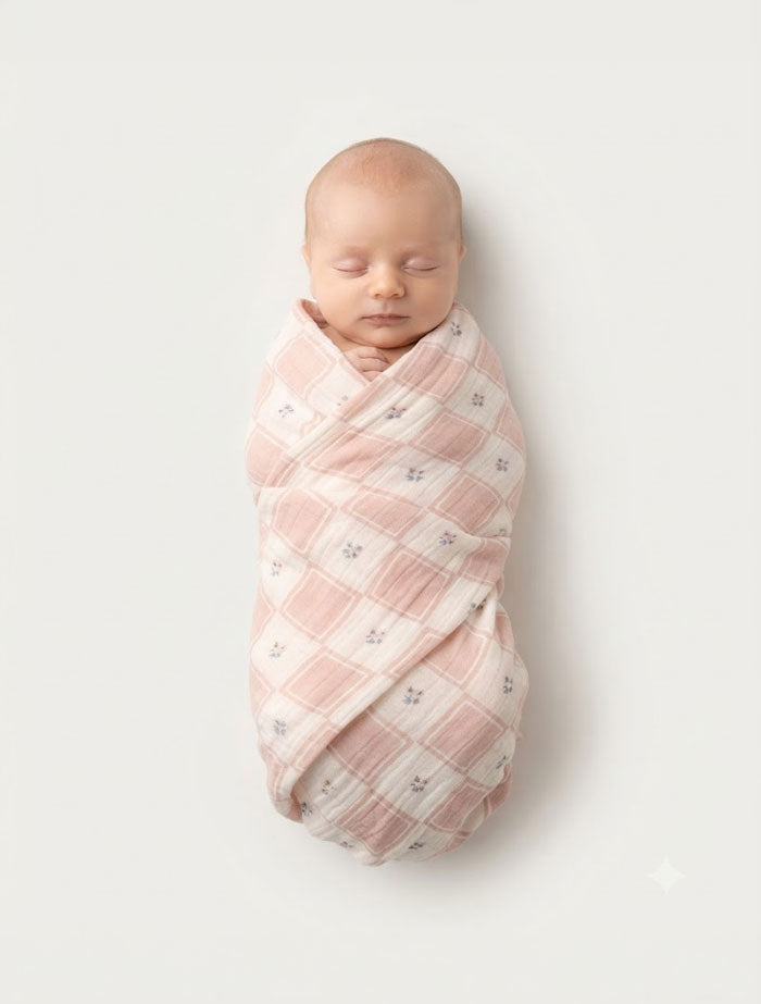 Dusty pink check muslin swaddle