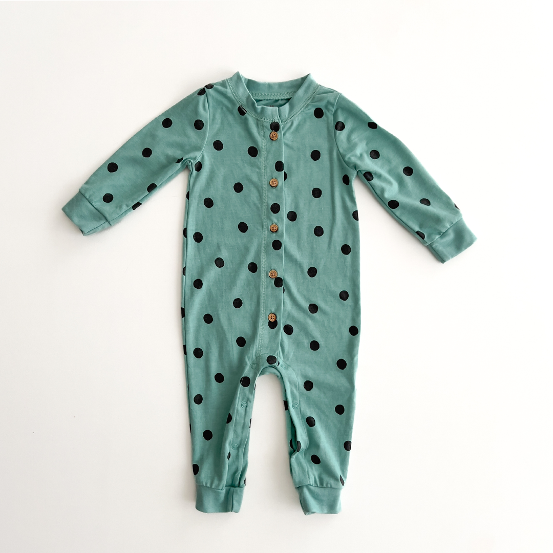 aqua green black polka dotted romper