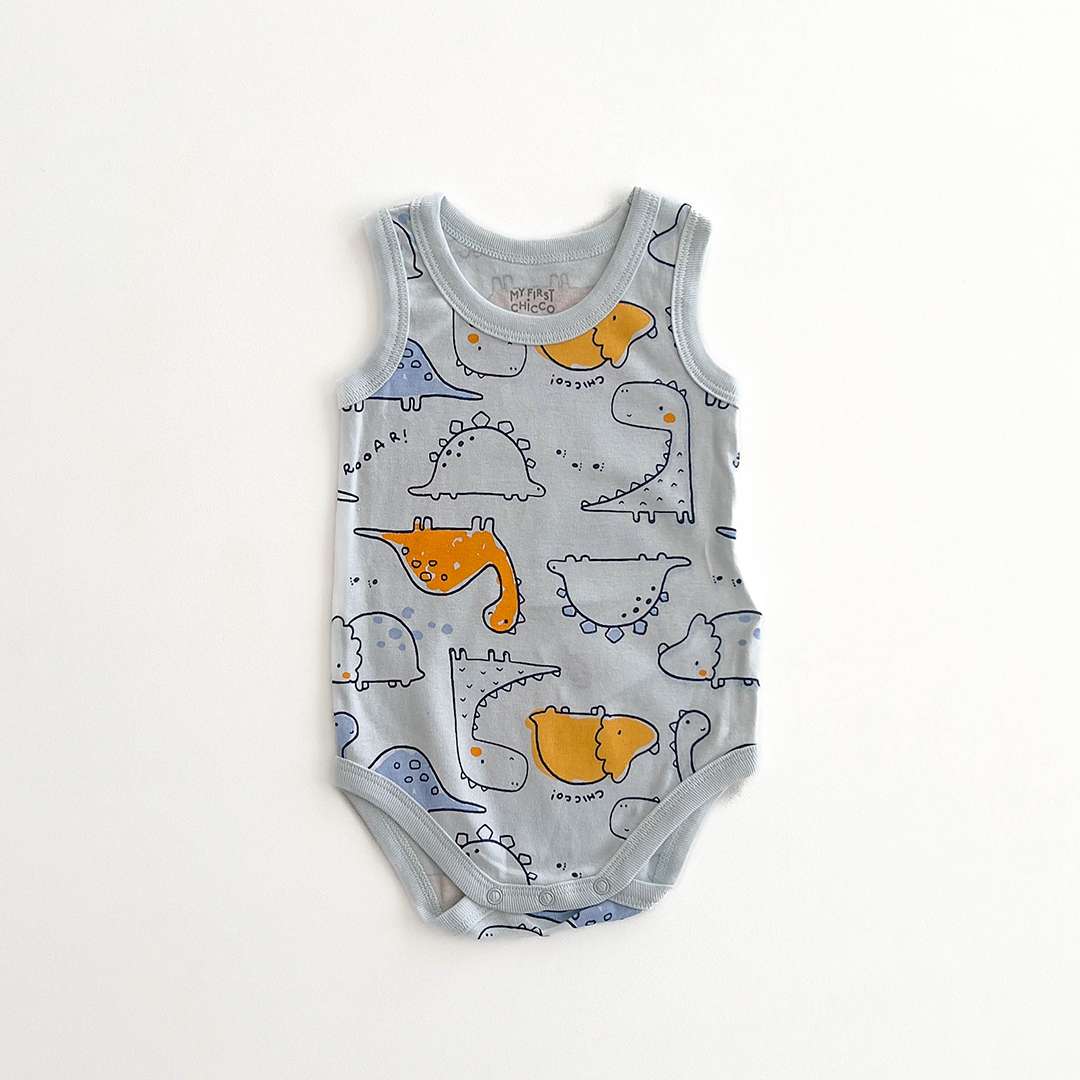 BLUE SLEEVELESS DINO PRINTED ONESIE