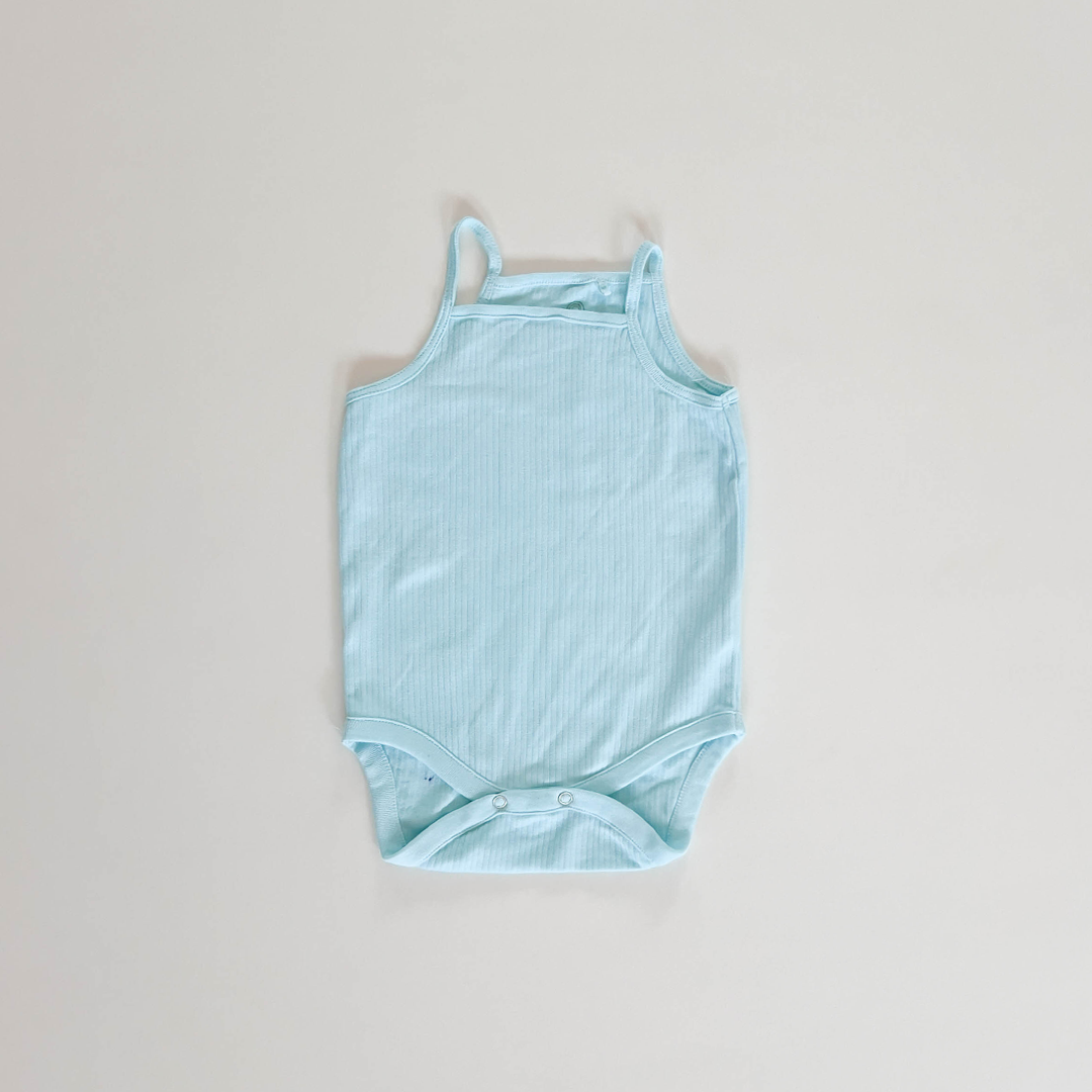 SPAGHETTI STRAP BLUE RIBBED ONESIE