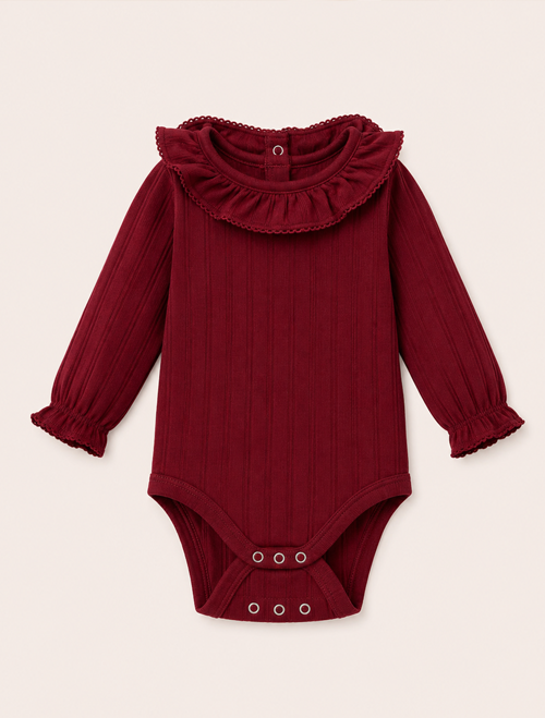 Maroon pointelle ruffles onesie