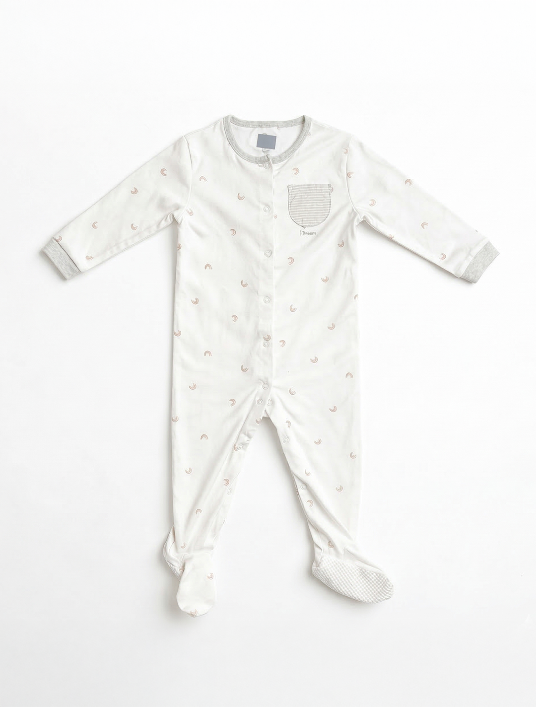 WHITE RAINBOW PRINTED BUTTON SLEEPSUIT
