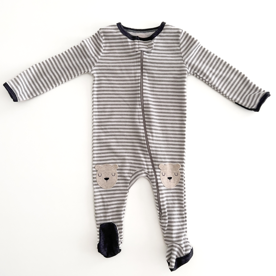 GREY AND WHITE STRIPED SLEEPSUIT