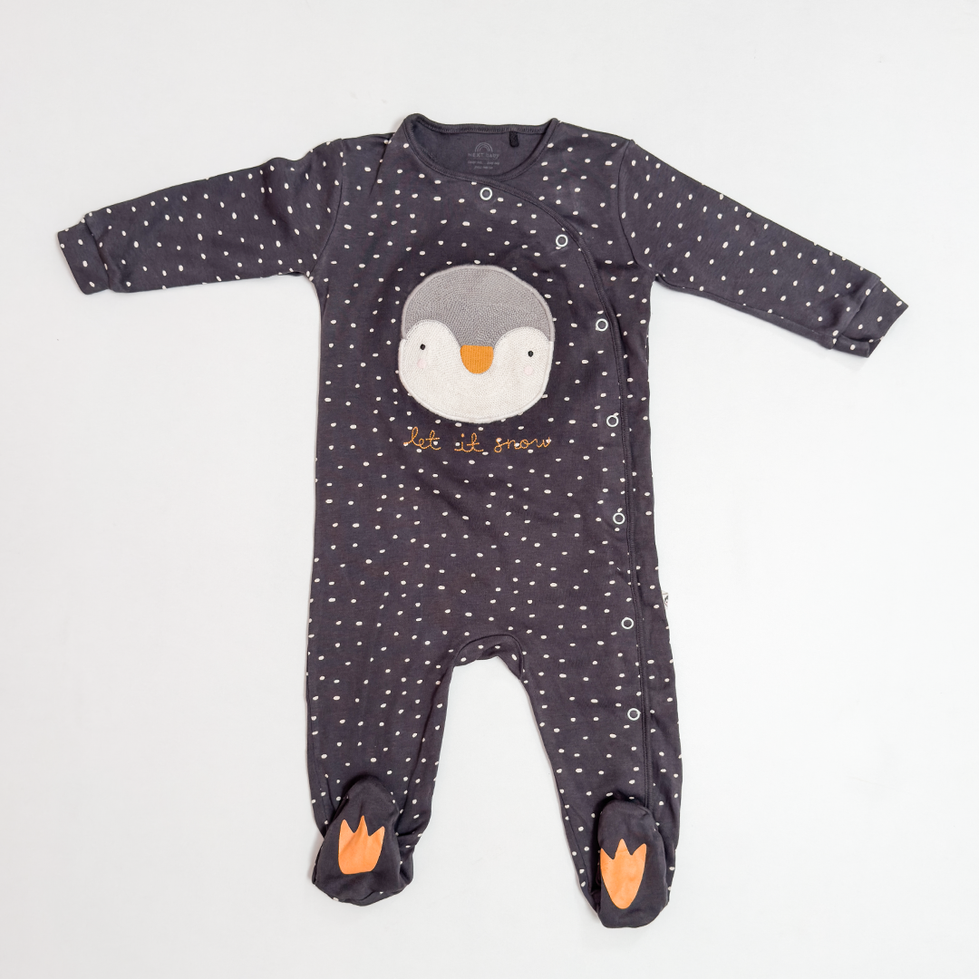 GREY PENGUIN BUTTON SLEEPSUIT