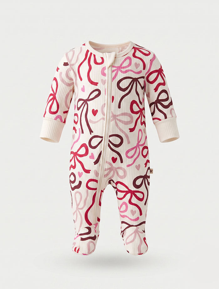 Red and pink ribbed bow printed sleep suit