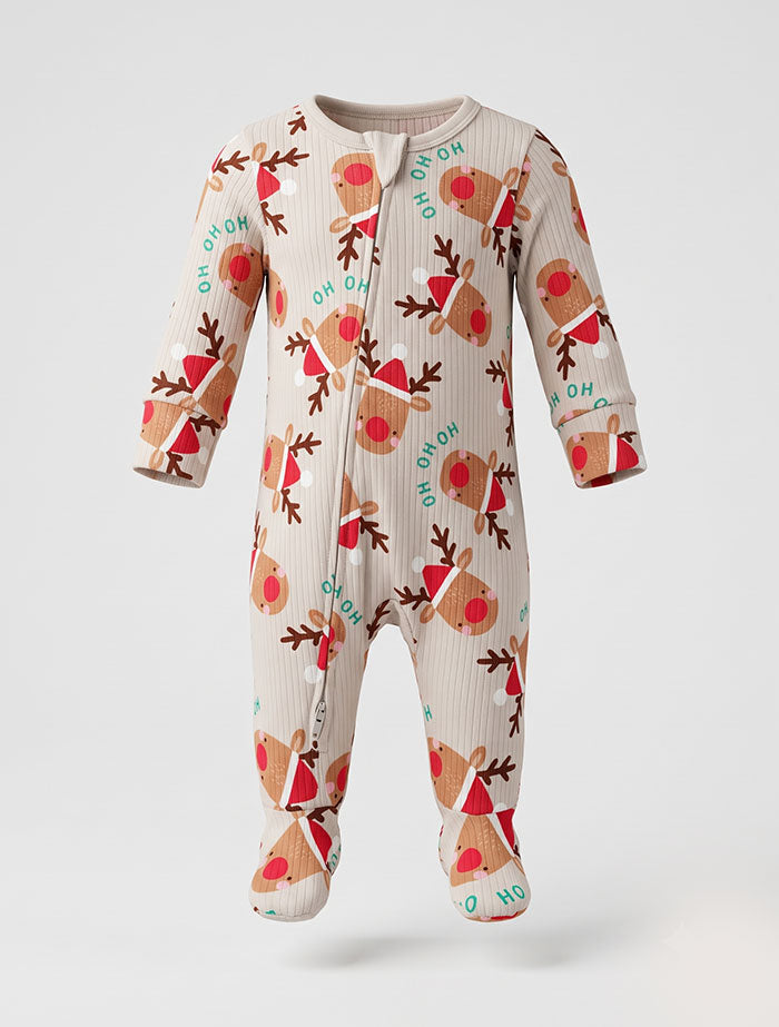 Beige HO HO printed ribbed sleepsuit