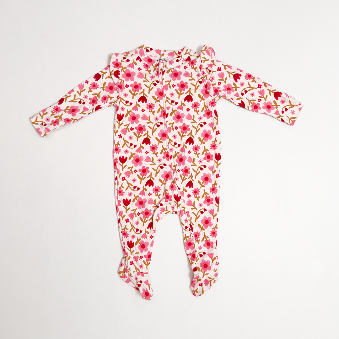 PINK FLORAL RUFFLED SLEEPSUIT