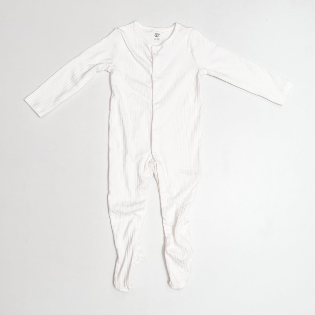 WHITE RIBBED BUTTON SLEEPSUIT
