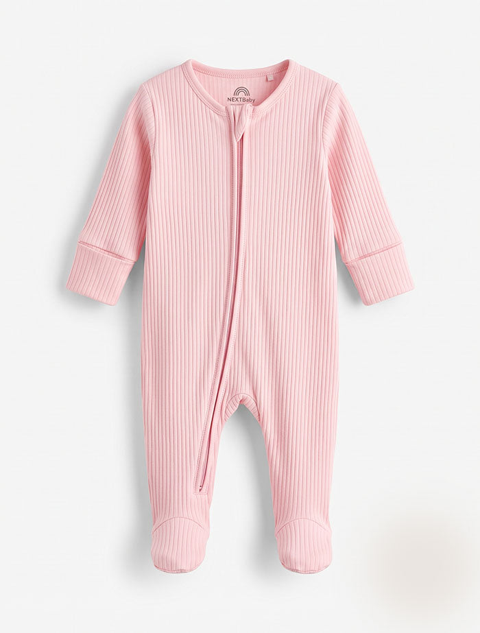 Pink ribbed 2 way zipper sleepsuit