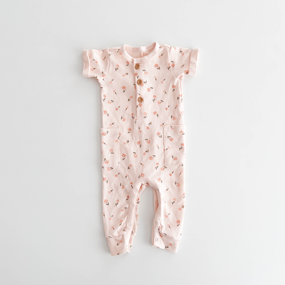 PEACH FLORAL RIBBED KNIT ROMPER